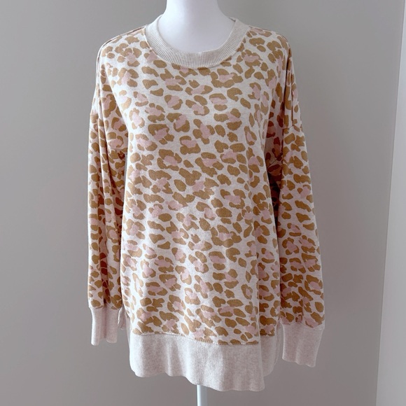 Aerie Pink & Tan Leopard Print Crewneck Sweatshirt Loose Cozy Soft Lounge Top - Picture 2 of 5